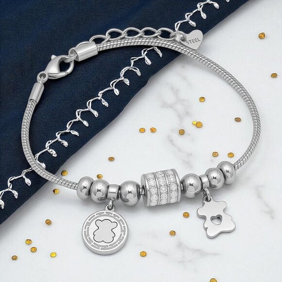 🆕️18K White Gold Plated Bear Charm Bracelet with Rhinestones Beads Trendy Gift - Picture 1 of 11